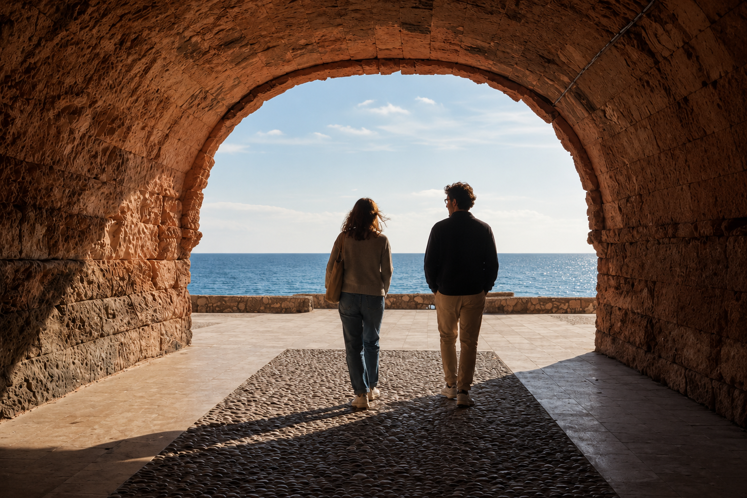 Dos personas caminando y conversando bajo un arco de piedra frente al mar