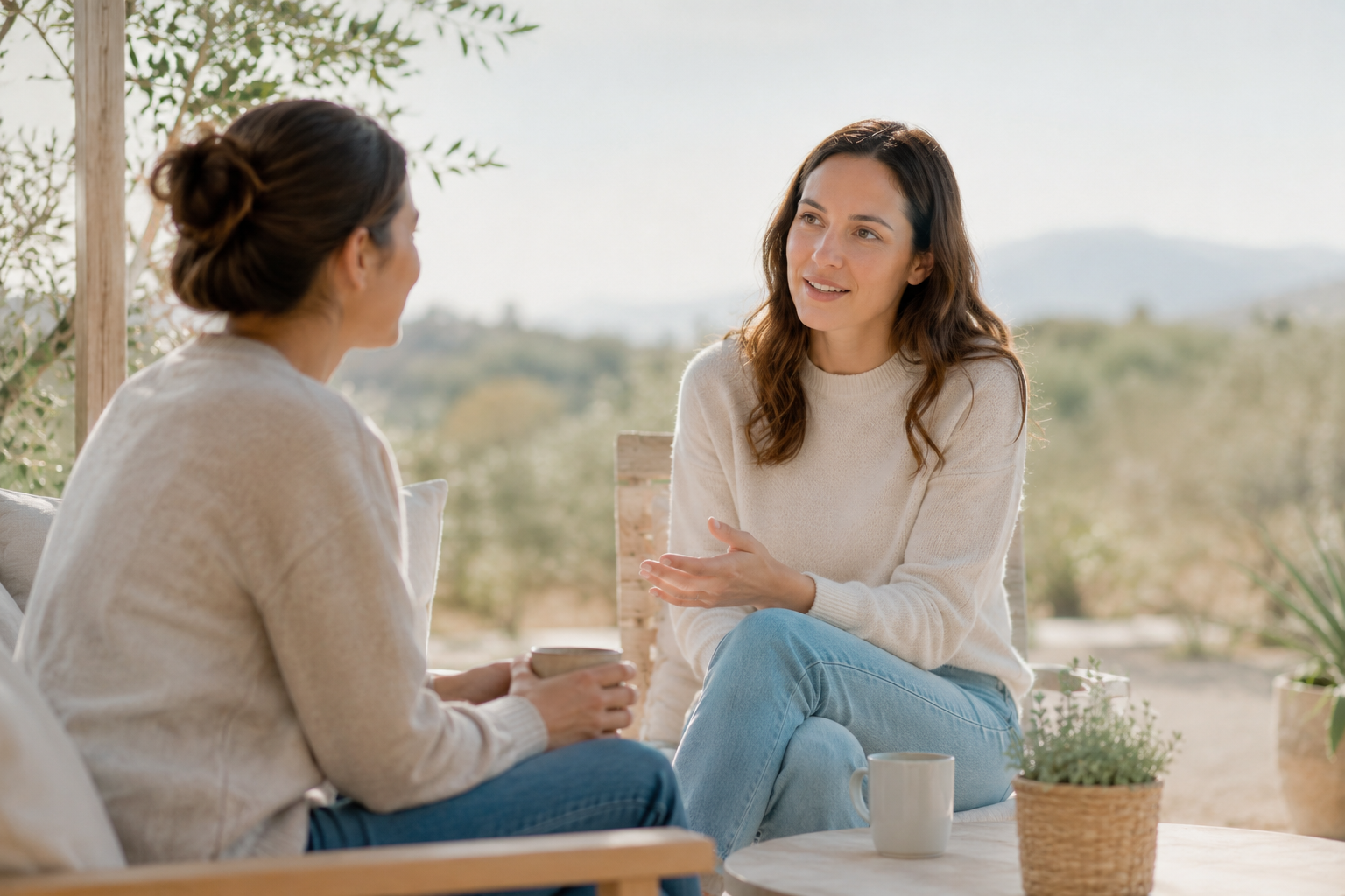 Dos personas sentadas conversando con calma en un espacio tranquilo