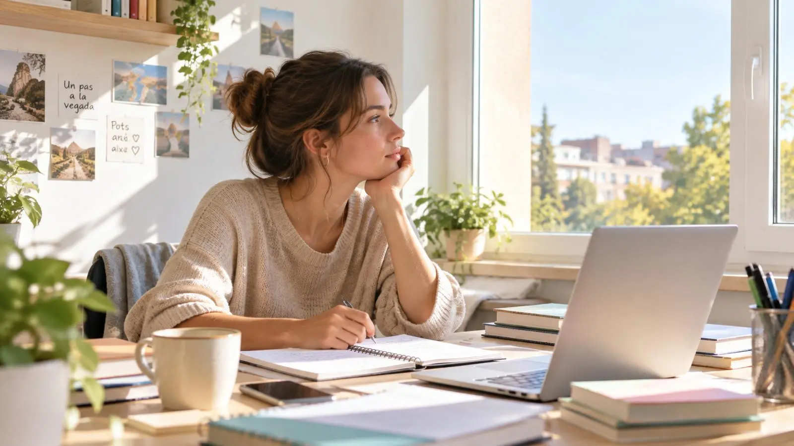Persona ante una mesa con libros y un cuaderno, reflexionando sobre las responsabilidades del nuevo curso